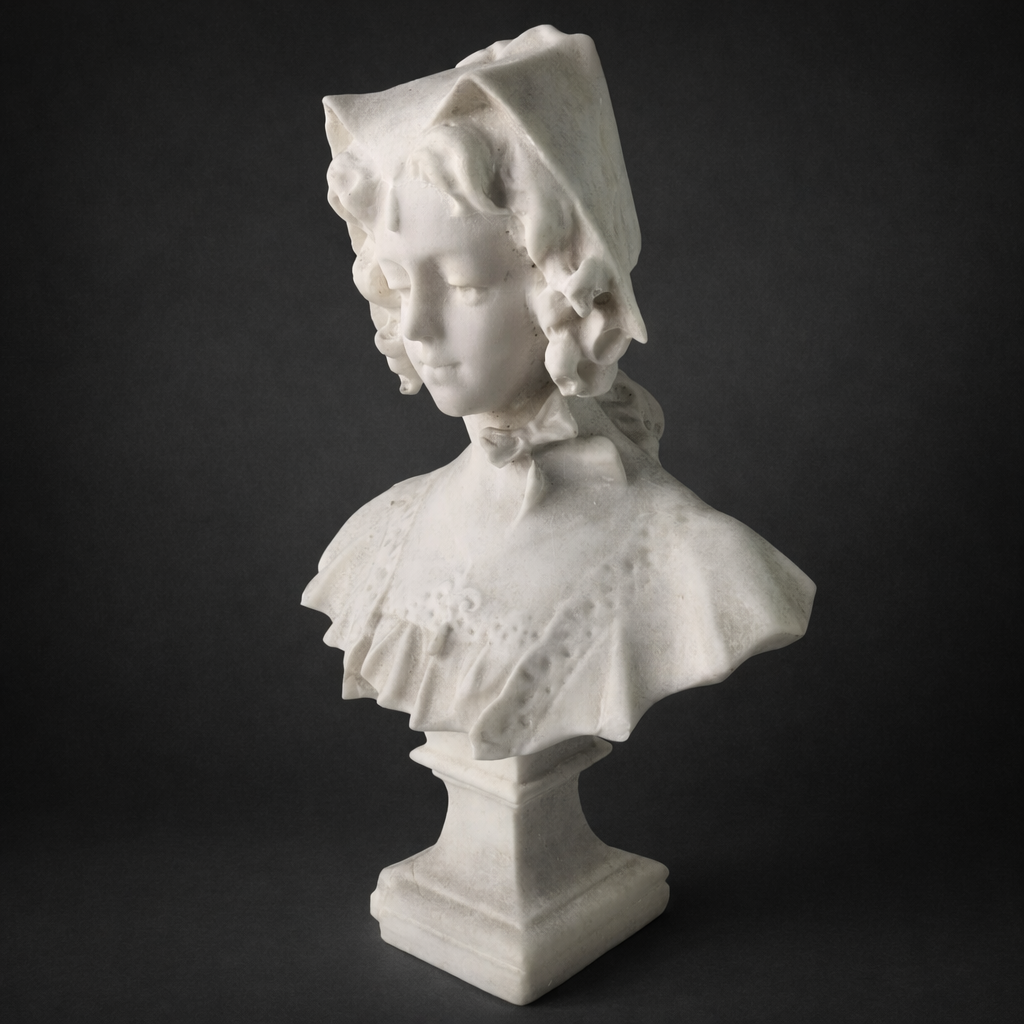 Escultura antigua de niña en mármol blanco, ca. 1900. Escultura antigua de niña en mármol blanco