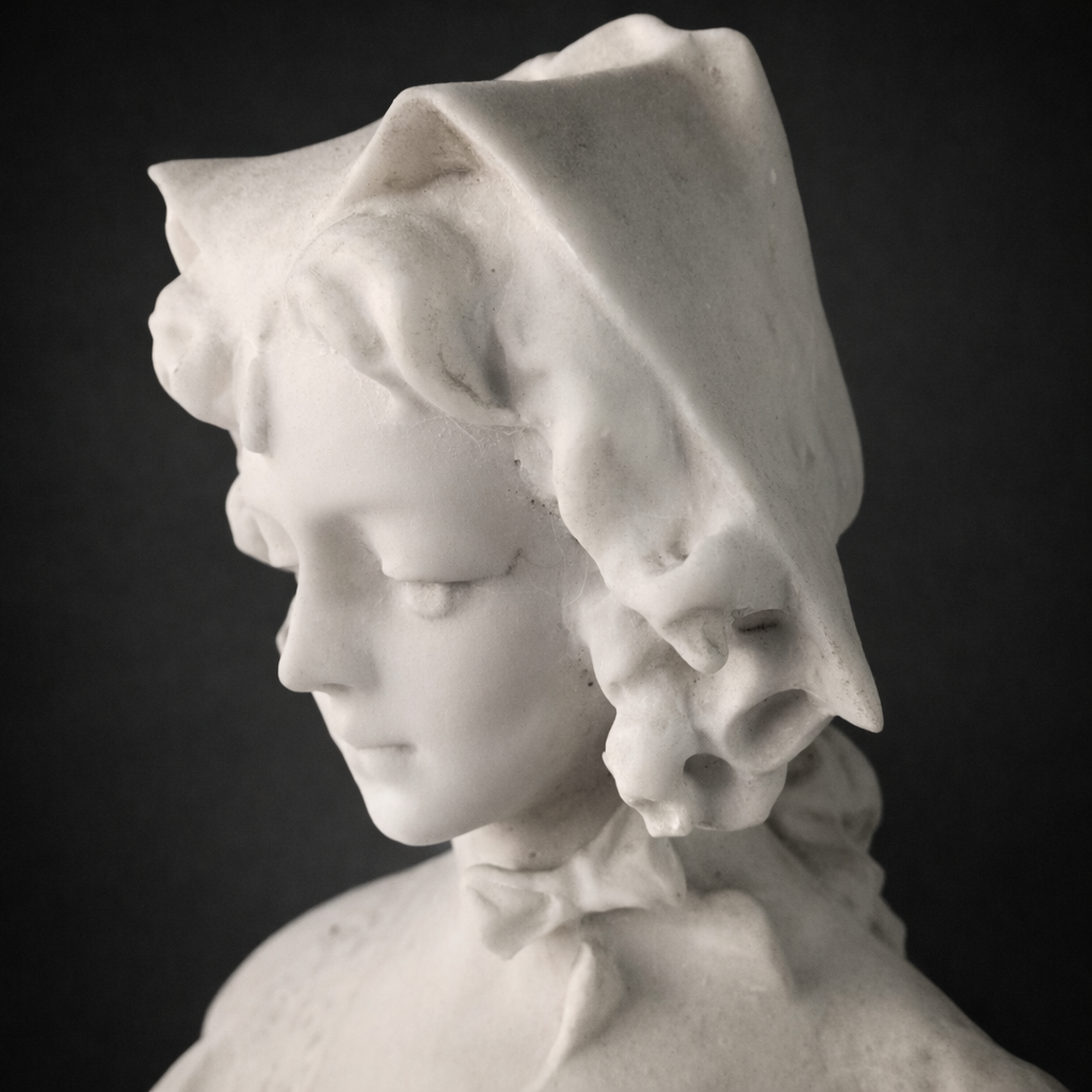 Escultura antigua de niña en mármol blanco, ca. 1900. Escultura antigua de niña en mármol blanco