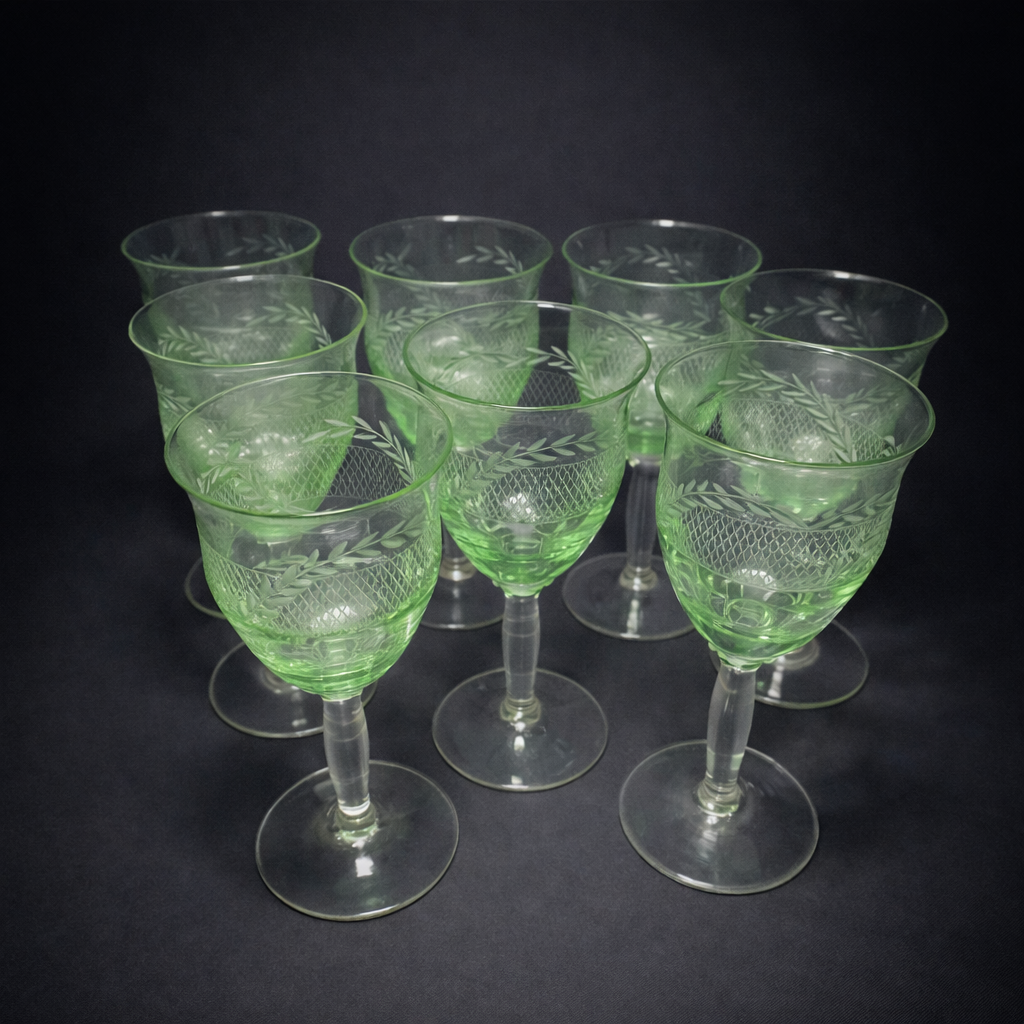 Juego de copas verdes talladas al ácido antiguas, mediados del siglo XX. Juego de copas verdes talladas al ácido antiguas.