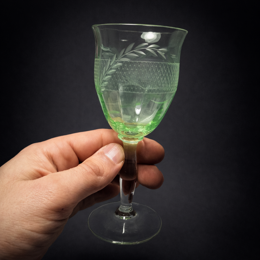 Juego de copas verdes talladas al ácido antiguas, mediados del siglo XX. Juego de copas verdes talladas al ácido antiguas.