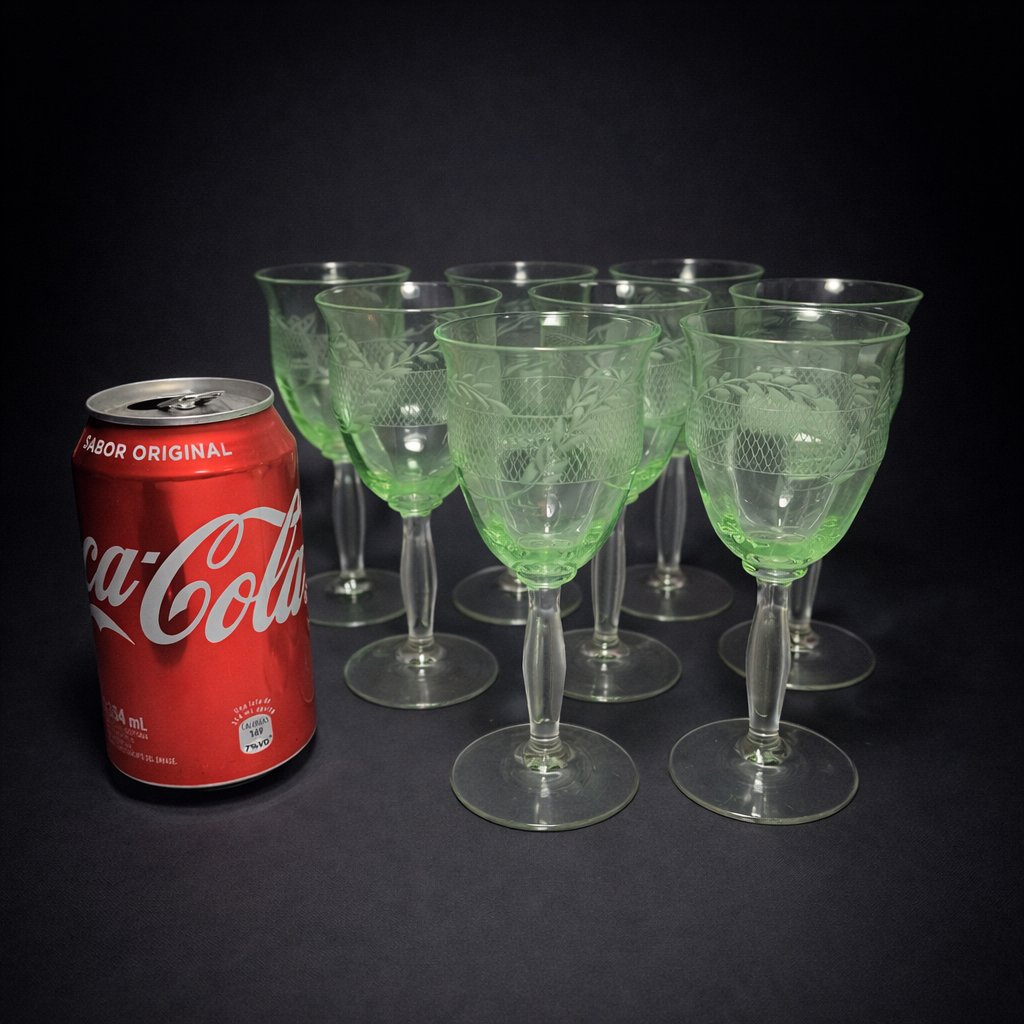 Juego de copas verdes talladas al ácido antiguas, mediados del siglo XX. Juego de copas verdes talladas al ácido antiguas.