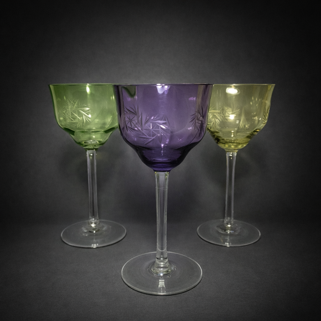 Juego de copas antiguas de cristal de colores tallado, mediados del siglo XX. Juego de copas antiguas de cristal de colores tallado.