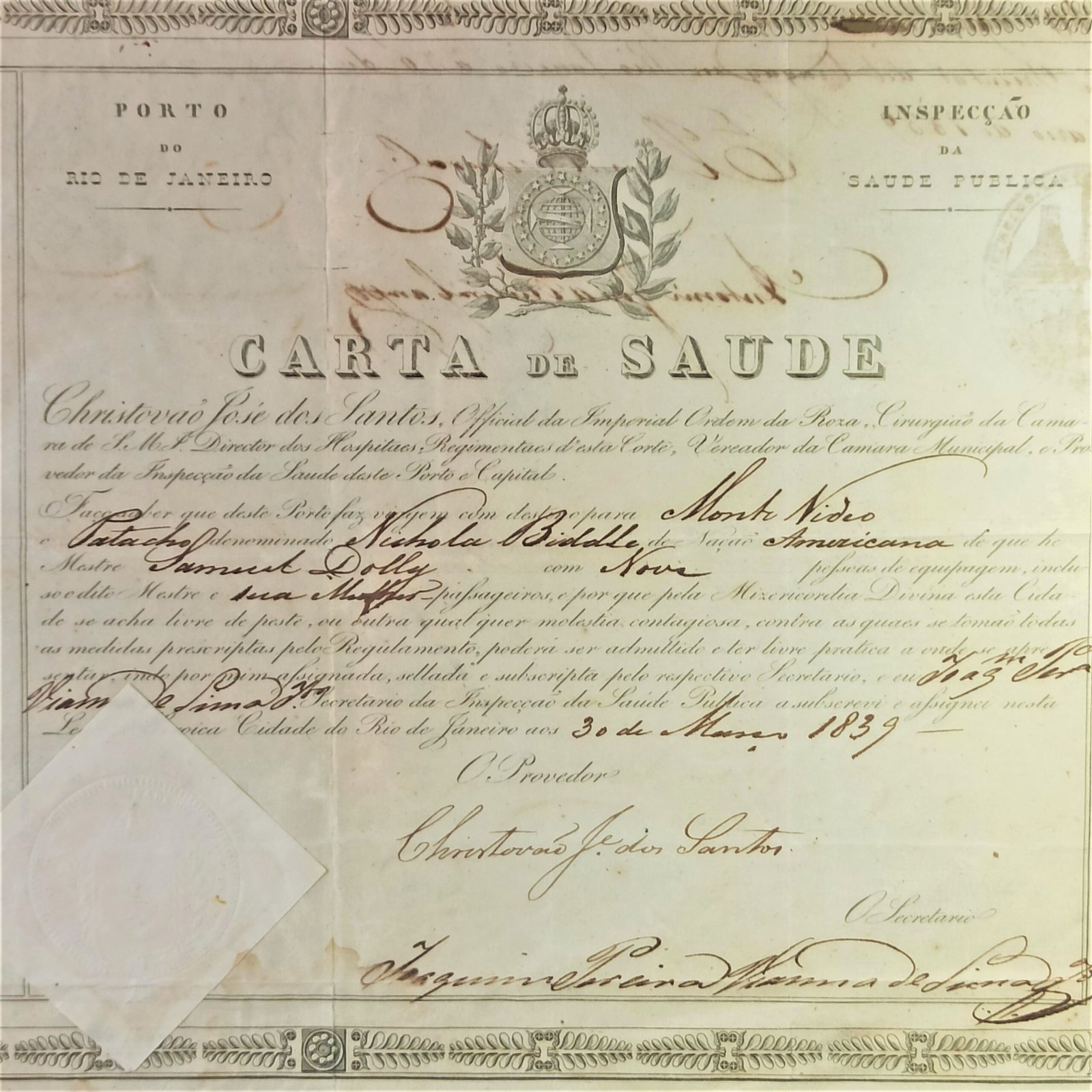 Carta de Saúde de 1839, Río de Janeiro–Montevideo. Carta de Saúde 1839 Río de Janeiro–Montevideo.