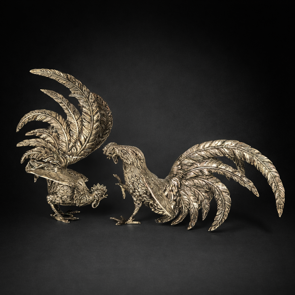 Pareja de gallos en bronce plateado. Pareja de gallos en bronce plateado.