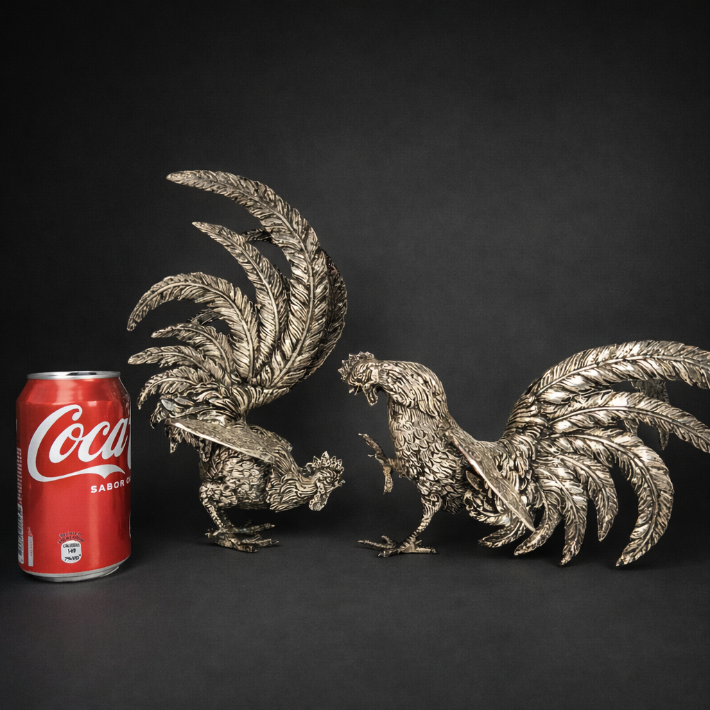 Pareja de gallos en bronce plateado. Pareja de gallos en bronce plateado.