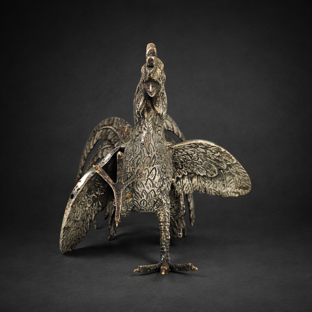 Pareja de gallos en bronce plateado. Pareja de gallos en bronce plateado.