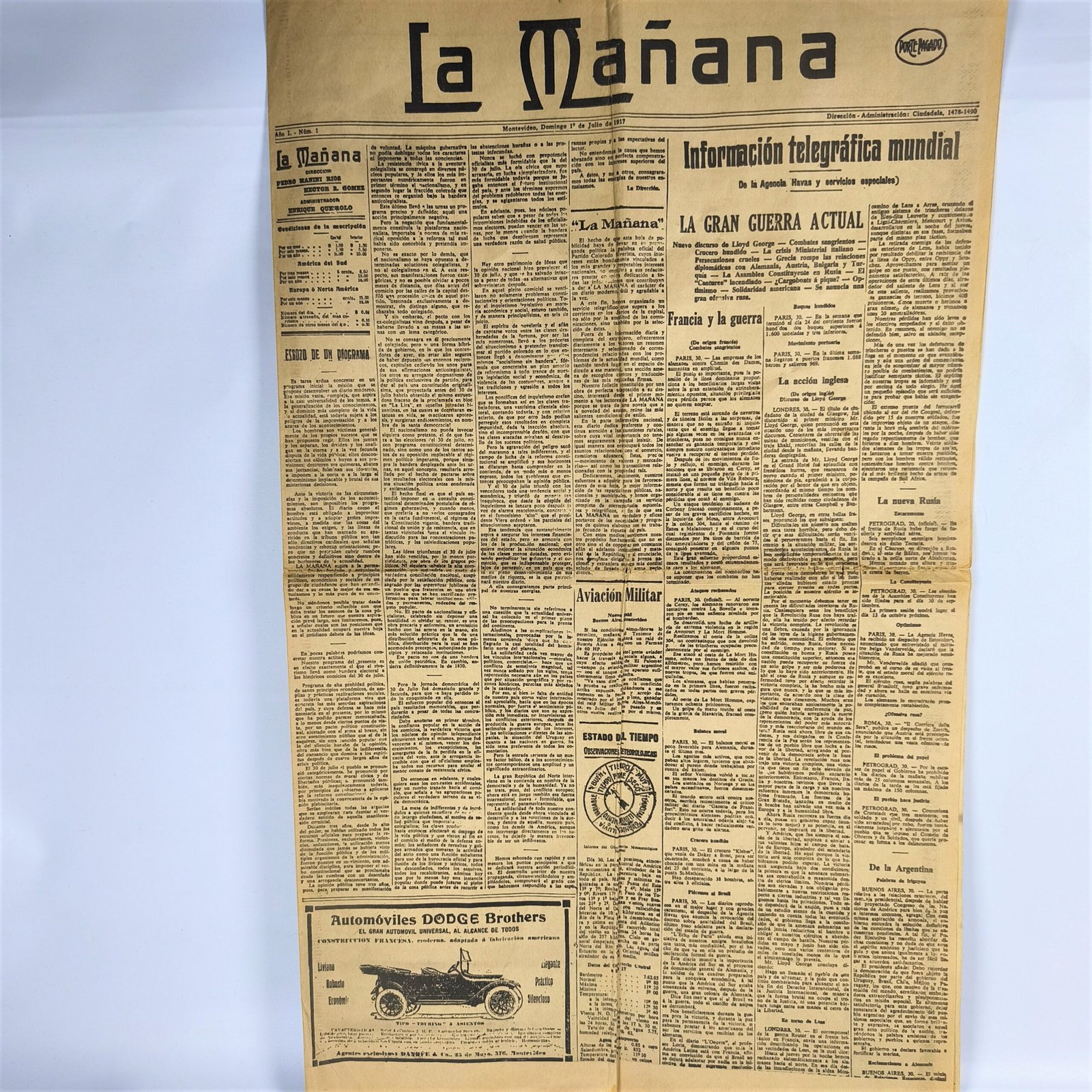 Primer número del diario "La Mañana", 1917. Primer número del diario" La Mañana", 1917.
