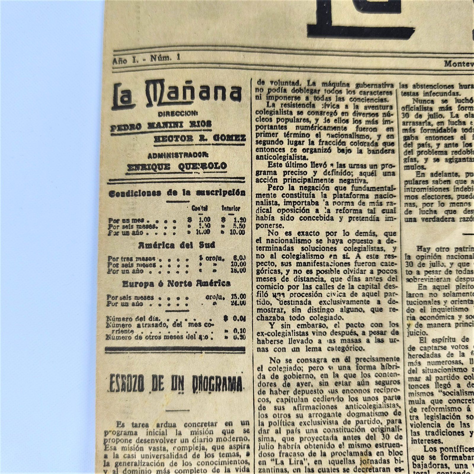Primer número del diario "La Mañana", 1917. Primer número del diario" La Mañana", 1917.