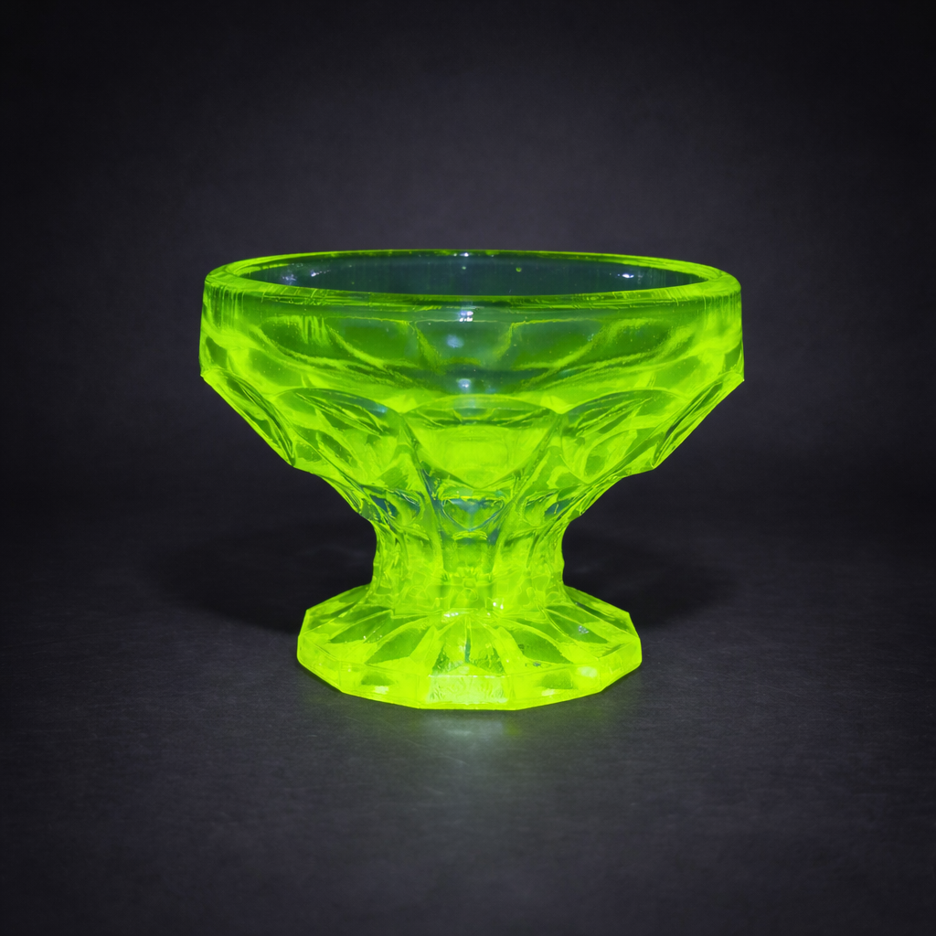 Copa de postre en vidrio de uranio prensado con diseño geométrico, ca. 1950. Copa de postre en vidrio de uranio prensado con diseño geométrico, ca 1950