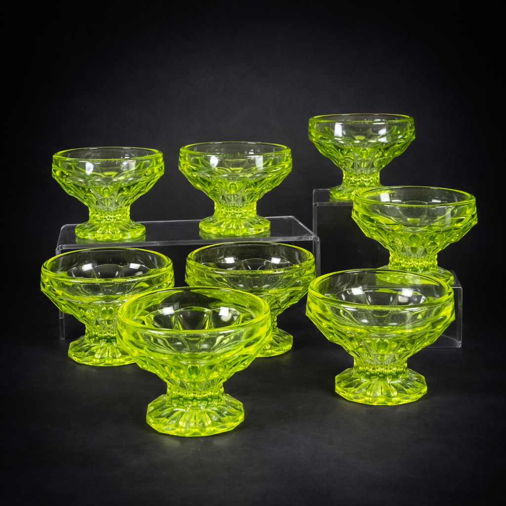 Copa de postre en vidrio de uranio prensado con diseño geométrico, ca. 1950. Copa de postre en vidrio de uranio prensado con diseño geométrico, ca 1950