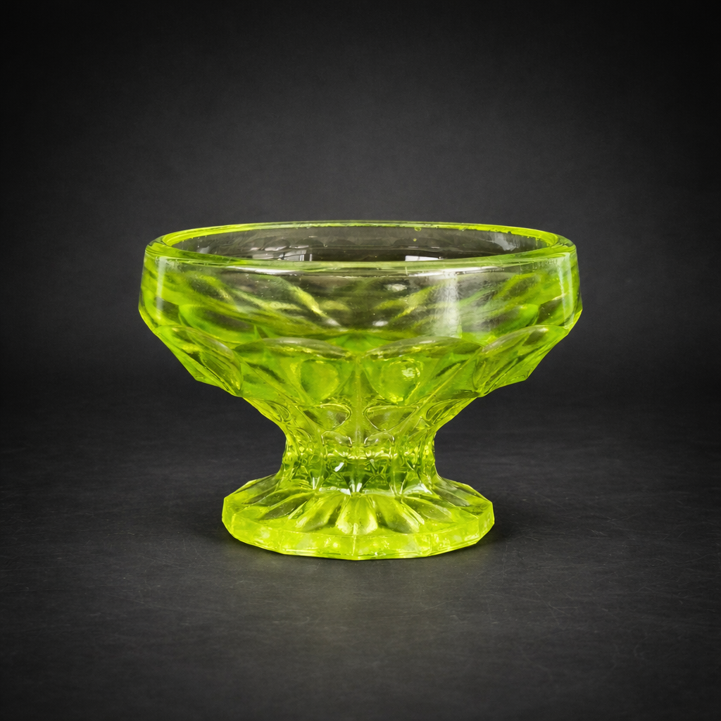 Copa de postre en vidrio de uranio prensado con diseño geométrico, ca. 1950. Copa de postre en vidrio de uranio prensado con diseño geométrico, ca 1950