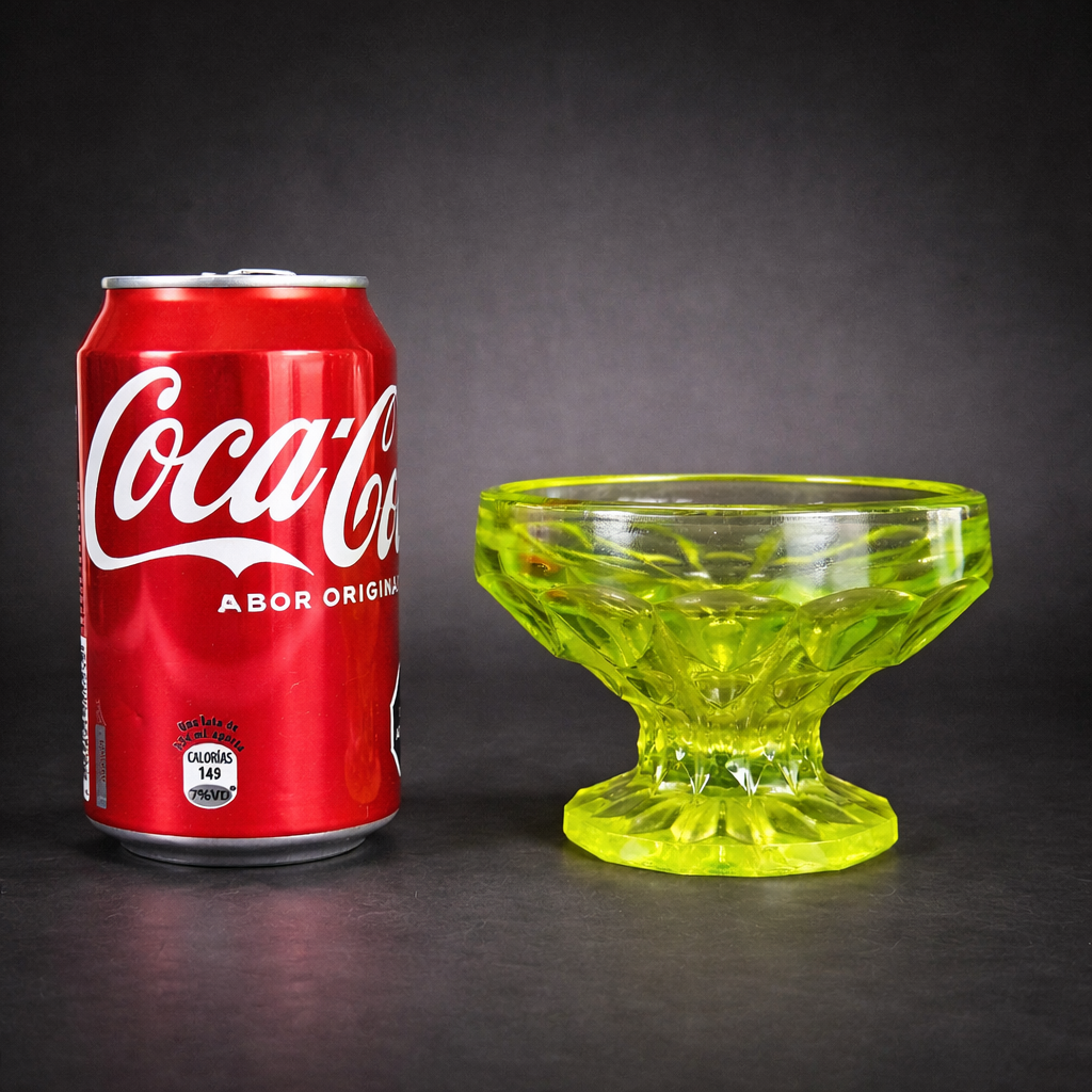 Copa de postre en vidrio de uranio prensado con diseño geométrico, ca. 1950. Copa de postre en vidrio de uranio prensado con diseño geométrico, ca 1950
