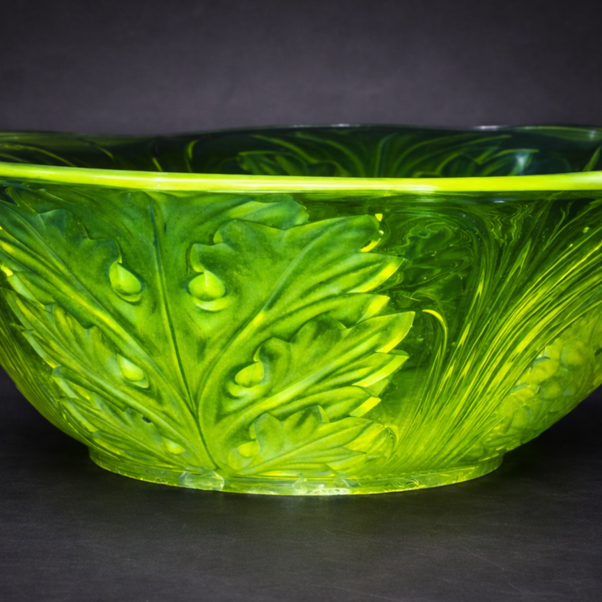 Fuente antigua en vidrio de uranio con decoración vegetal, ca. 1930. Fuente antigua en vidrio de uranio