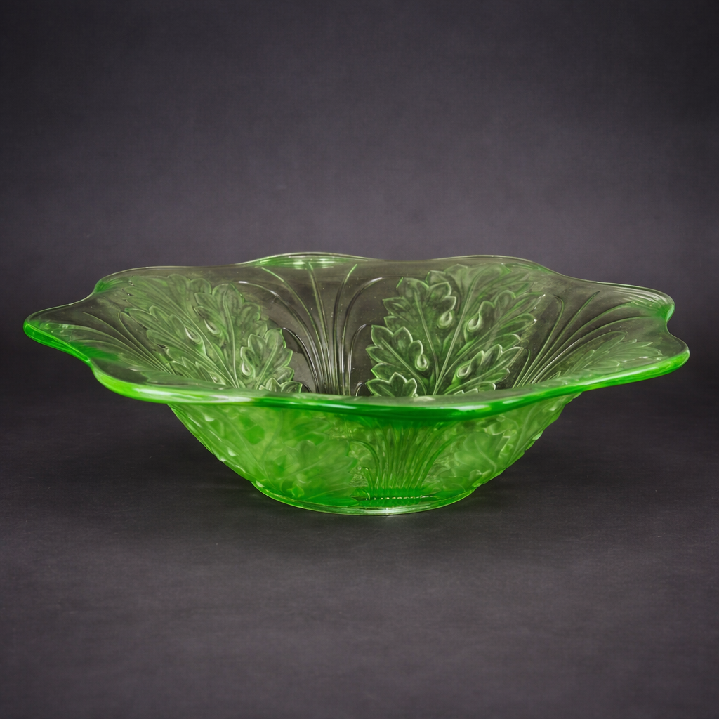 Fuente antigua en vidrio de uranio con decoración vegetal, ca. 1930. Fuente antigua en vidrio de uranio