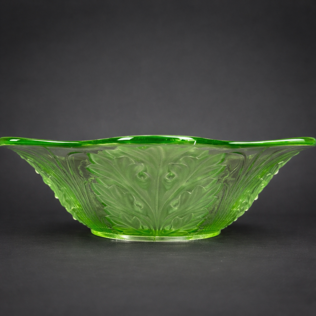 Fuente antigua en vidrio de uranio con decoración vegetal, ca. 1930. Fuente antigua en vidrio de uranio