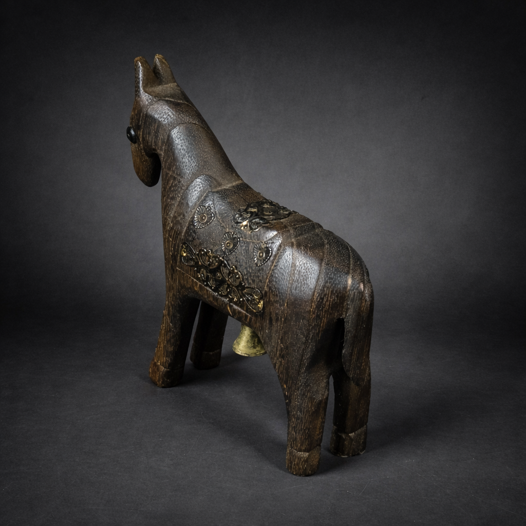Caballo decorativo tallado en madera con campana. Circa 1950. Caballo decorativo tallado en madera con campana. Circa 1950.