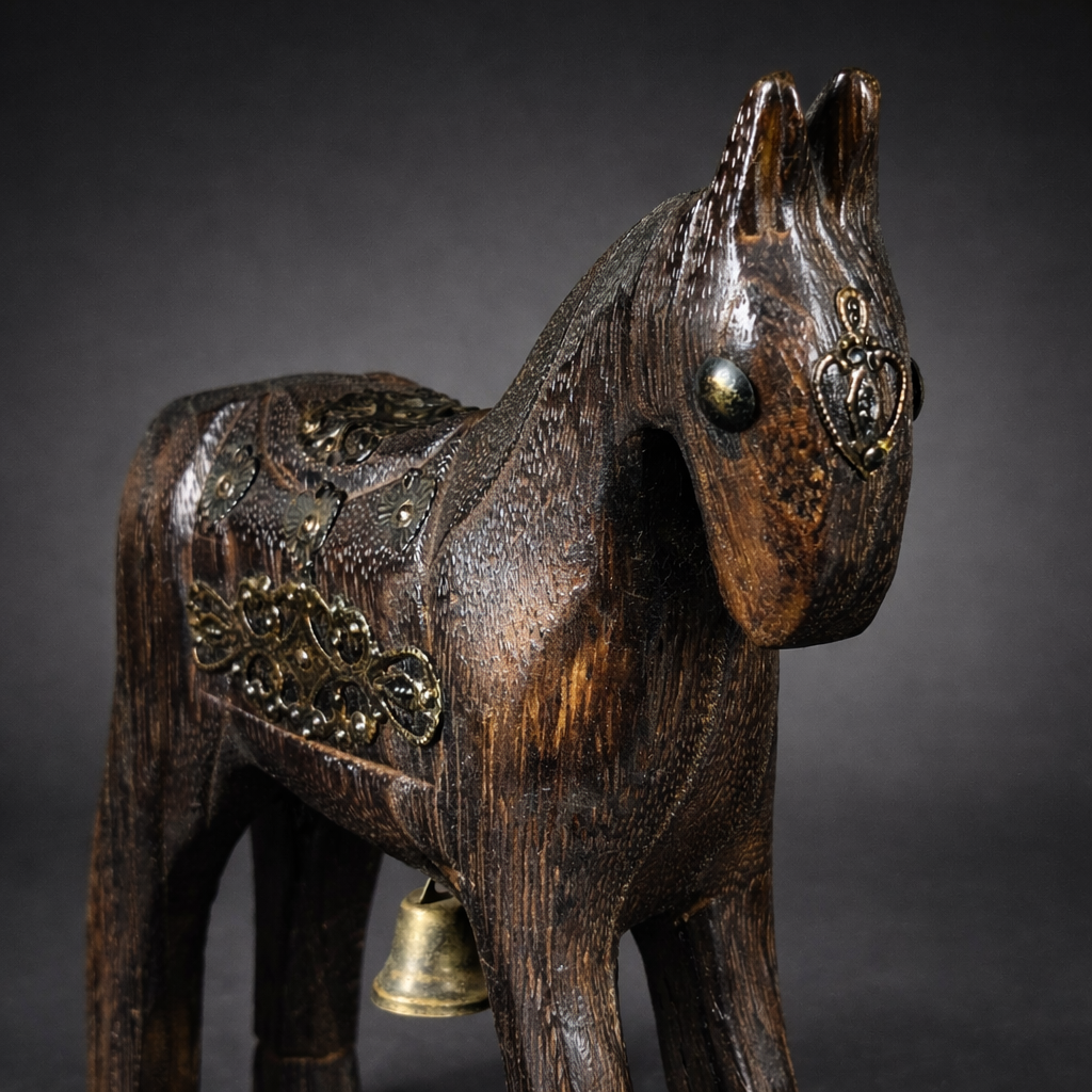 Caballo decorativo tallado en madera con campana. Circa 1950. Caballo decorativo tallado en madera con campana. Circa 1950.