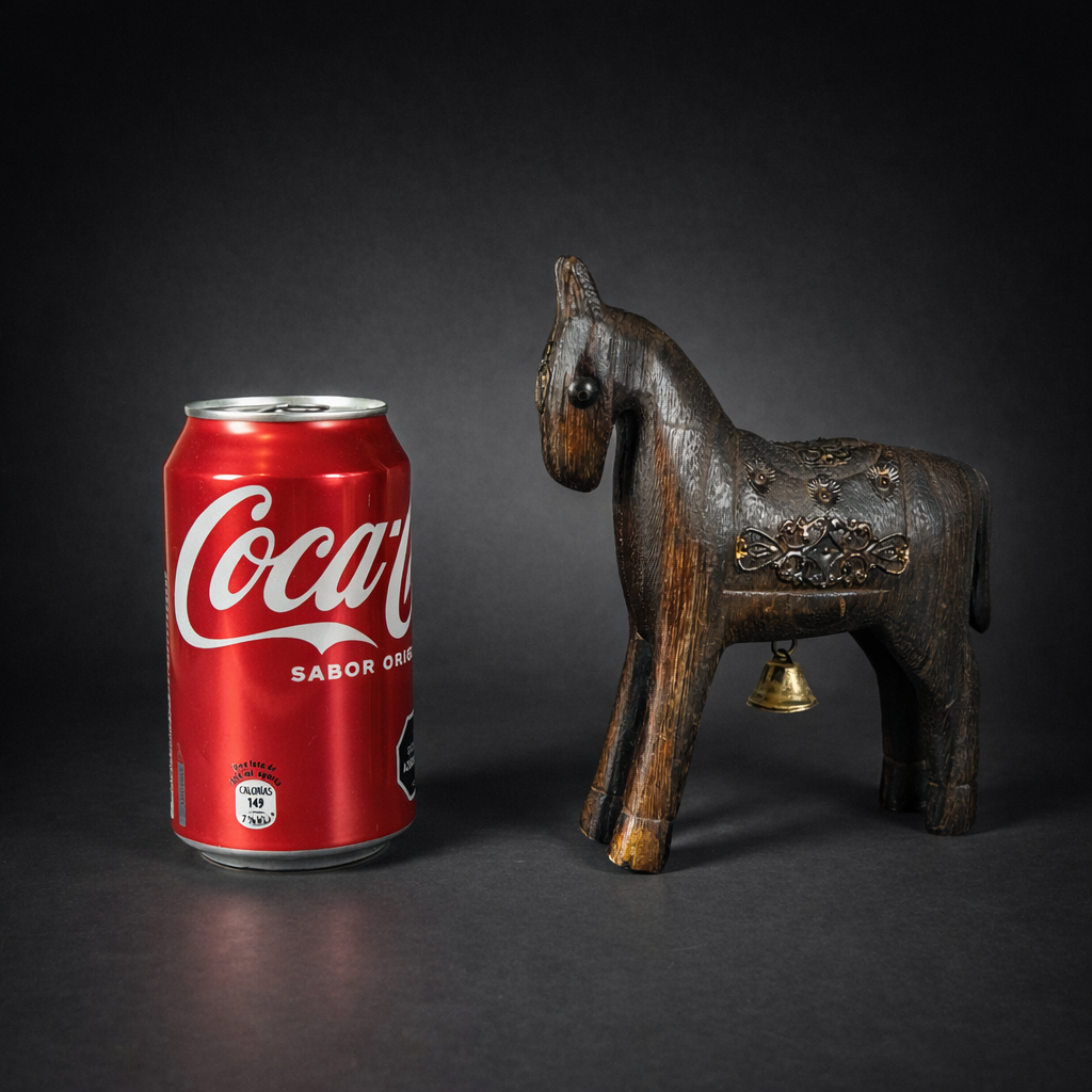 Caballo decorativo tallado en madera con campana. Circa 1950. Caballo decorativo tallado en madera con campana. Circa 1950.