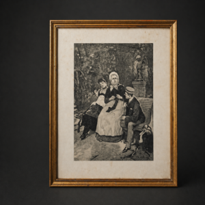 Lámina romántica antigua firmada por ilustrador alemán. Circa 1900.