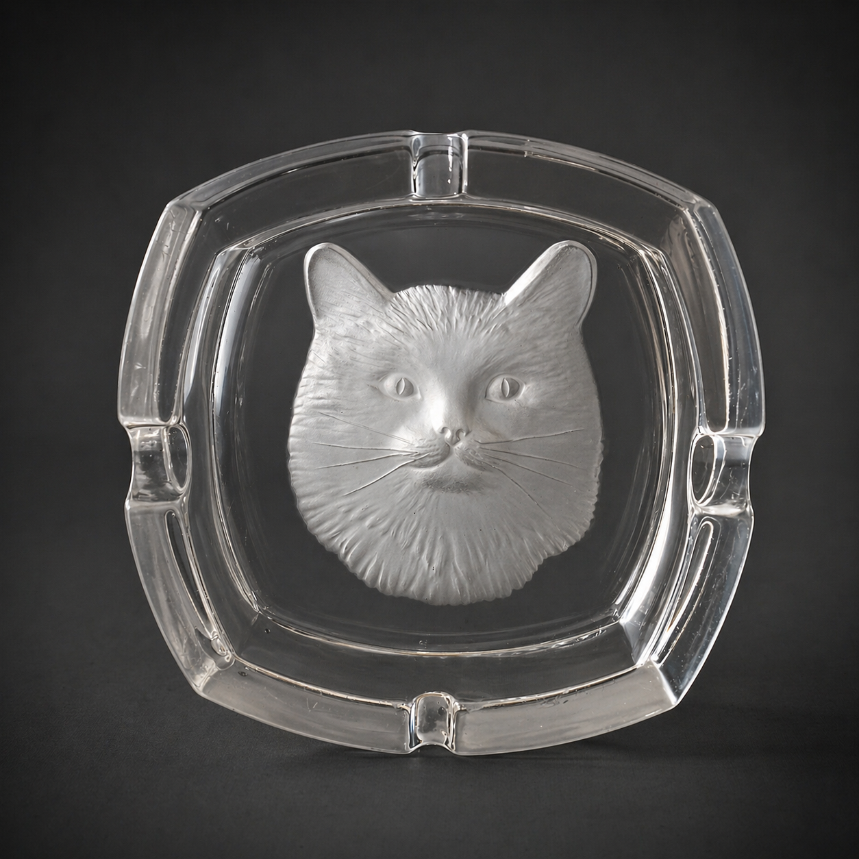 Cenicero de vidrio tallado con rostro de gato. Circa 1950. Cenicero de vidrio tallado con rostro de gato. Circa 1950.