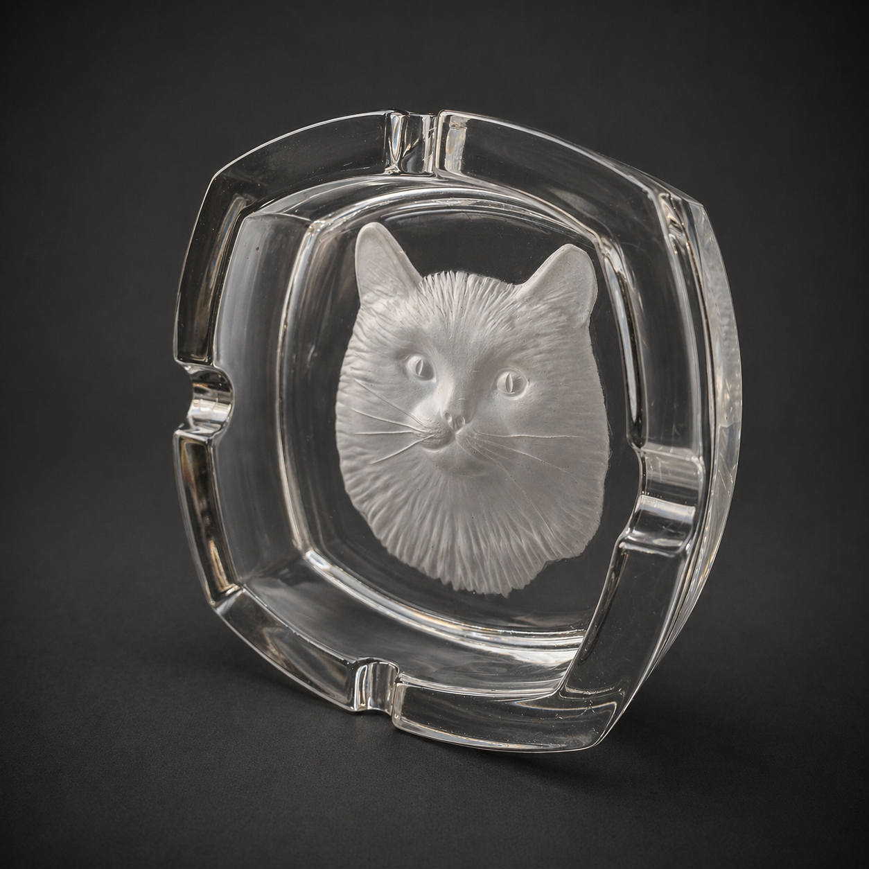 Cenicero de vidrio tallado con rostro de gato. Circa 1950. Cenicero de vidrio tallado con rostro de gato. Circa 1950.