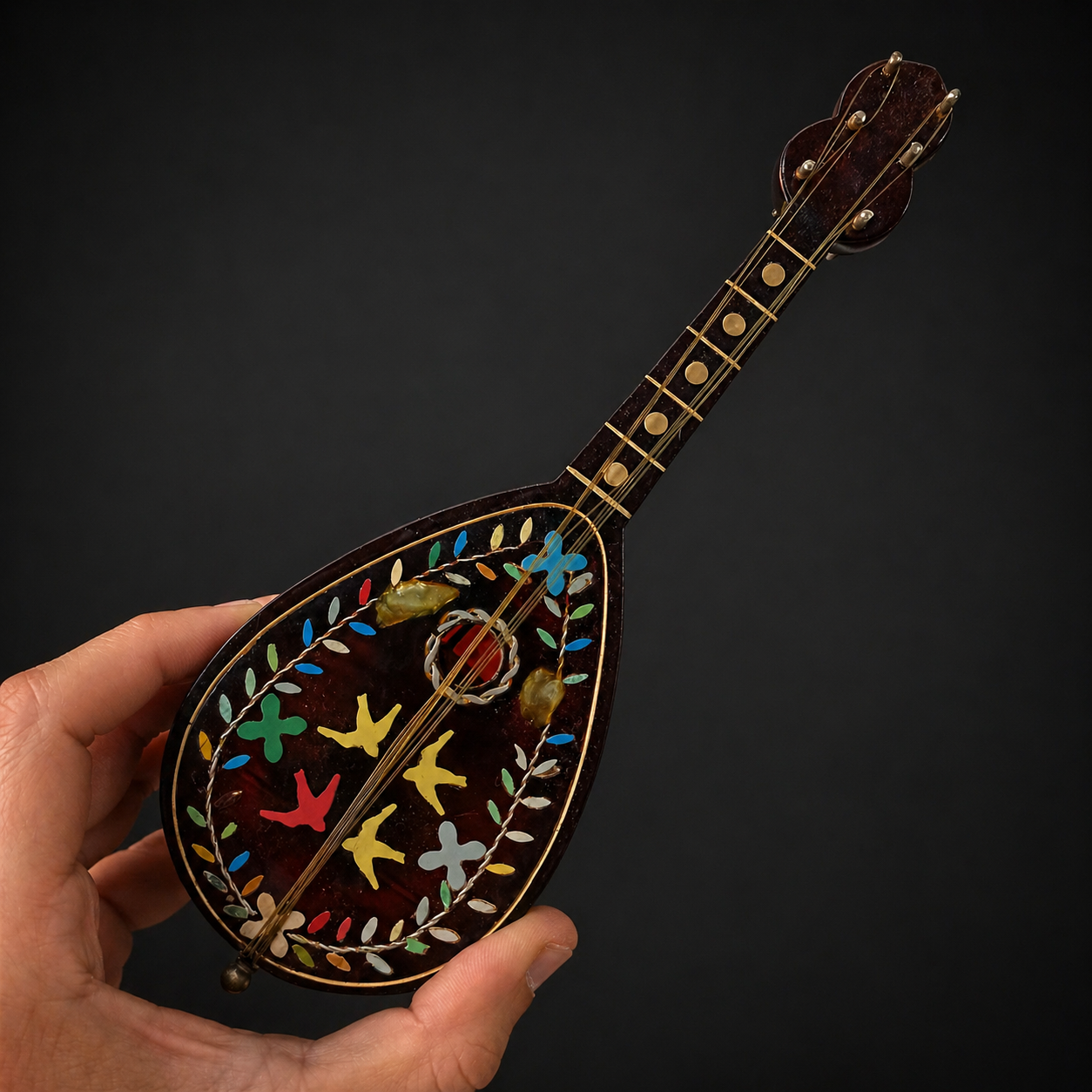 Mandolina musical con incrustaciones en nácar y metal. Circa 1950. Mandolina musical con incrustaciones en nácar y metal. Circa 1950.