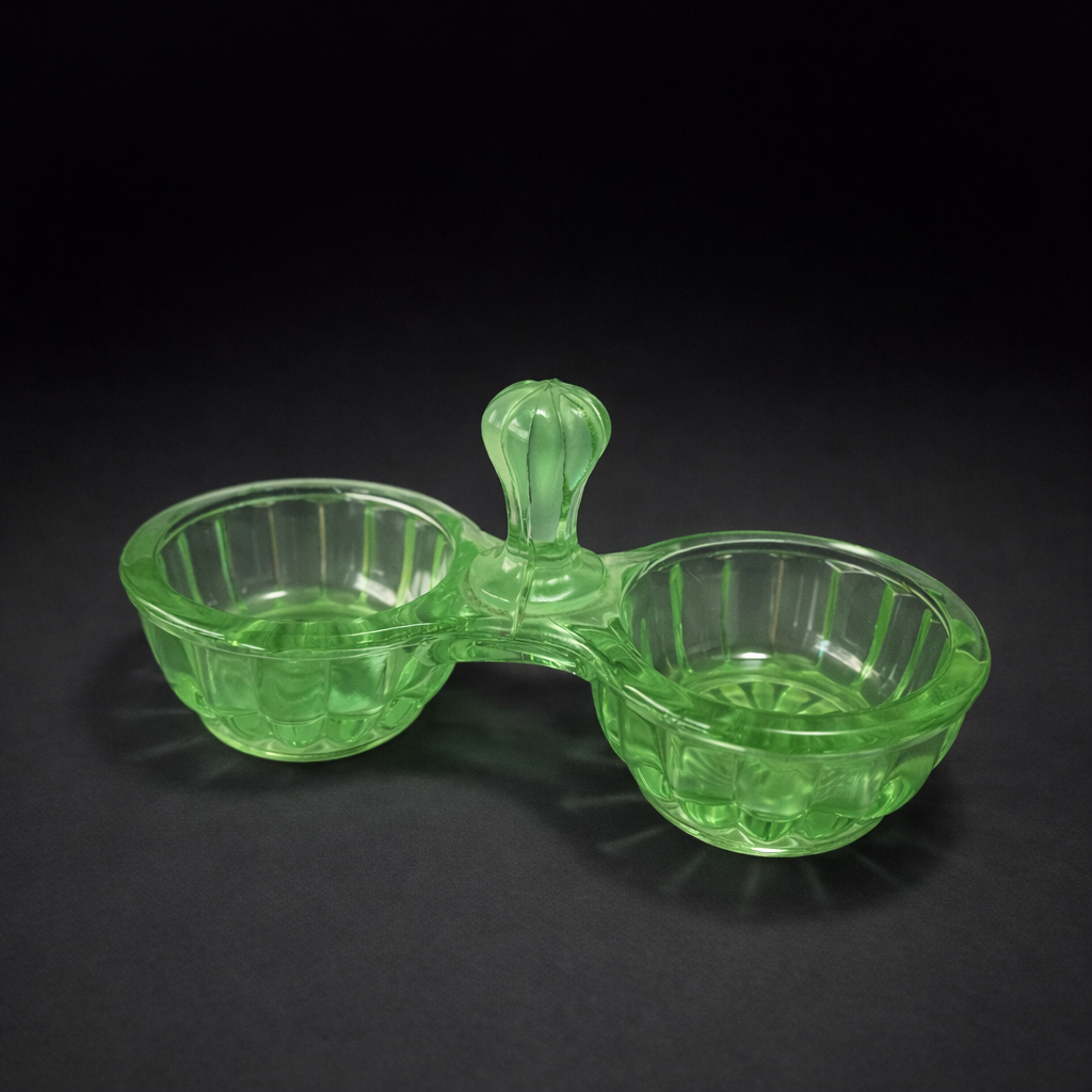 Salero doble de vidrio verde prensado. Circa 1930. Salero doble de vidrio verde prensado. Circa 1930.