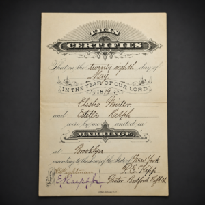Certificado de matrimonio; Brooklyn, New York, 1876.