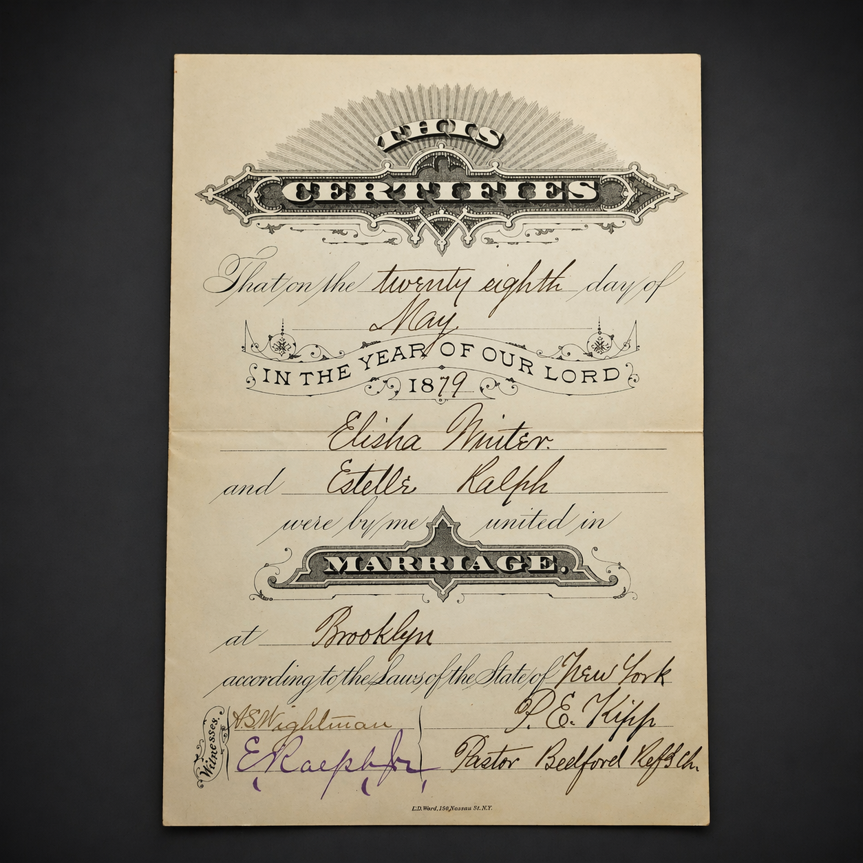 Certificado de matrimonio; Brooklyn, New York, 1876. Certificado de matrimonio; Brooklyn, New York, 1876.
