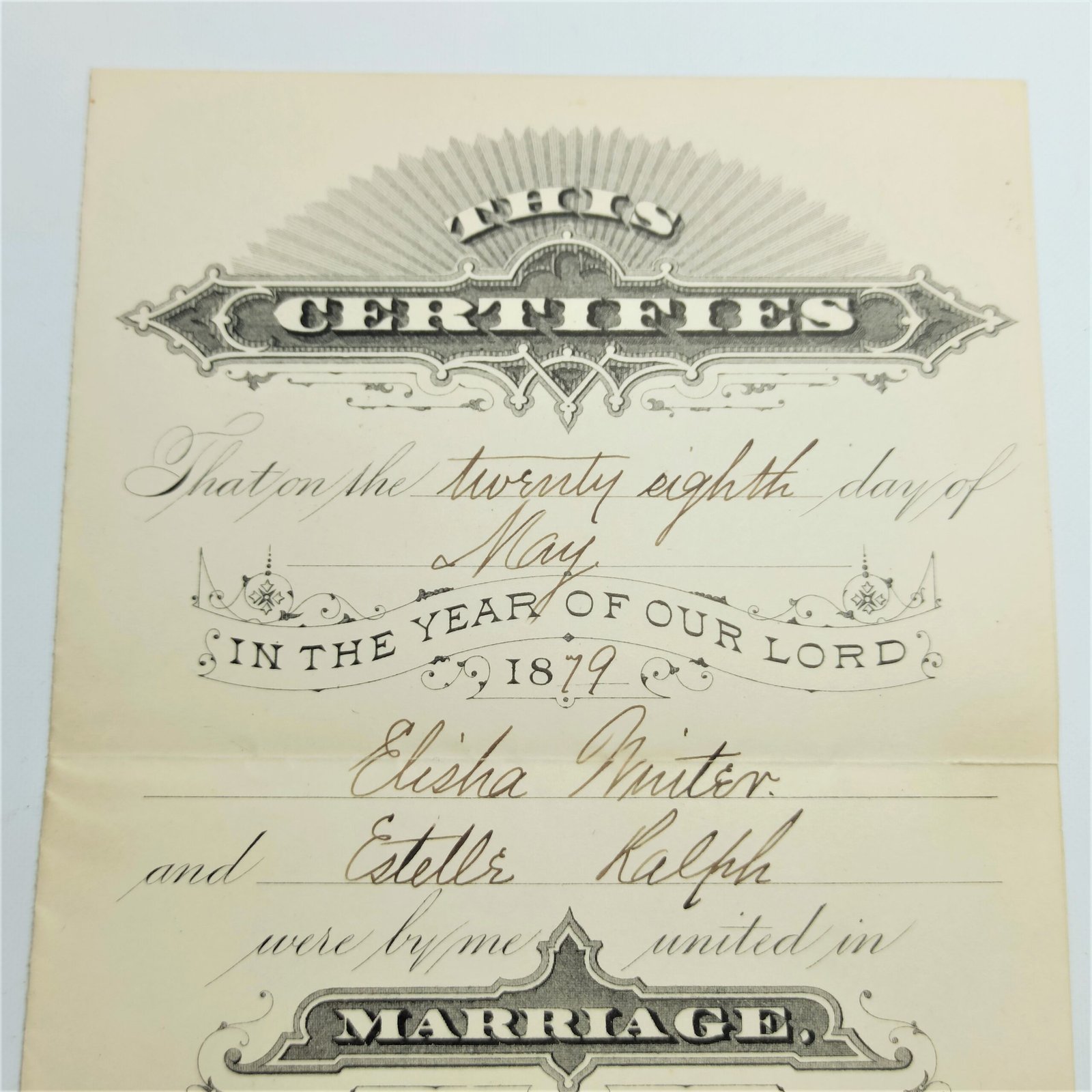 Certificado de matrimonio; Brooklyn, New York, 1876. Certificado de matrimonio; Brooklyn, New York, 1876.