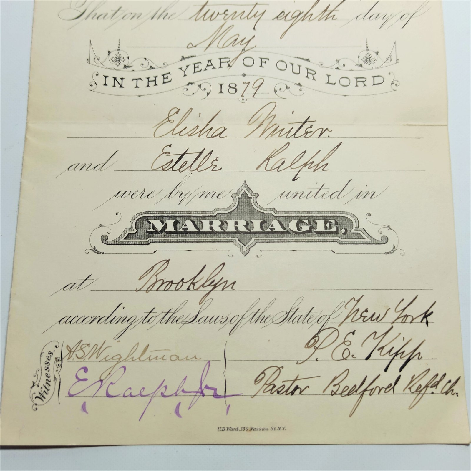 Certificado de matrimonio; Brooklyn, New York, 1876. Certificado de matrimonio; Brooklyn, New York, 1876.