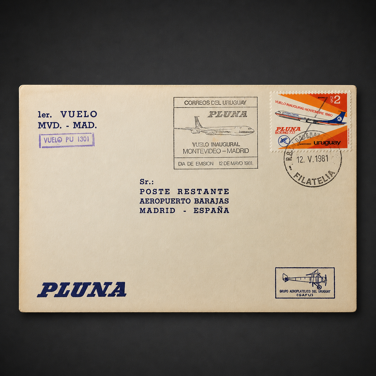 Sobre filatélico "PLUNA vuelo inaugural"; ca. 1981. Sobre filatélico "PLUNA vuelo inaugural"; ca. 1981.