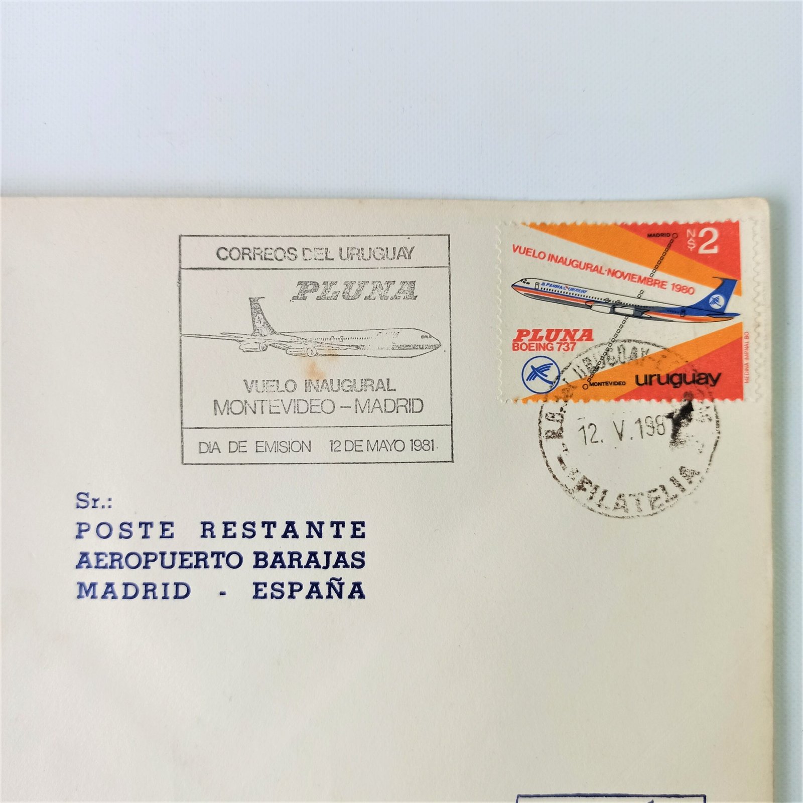 Sobre filatélico "PLUNA vuelo inaugural"; ca. 1981. Sobre filatélico "PLUNA vuelo inaugural"; ca. 1981.
