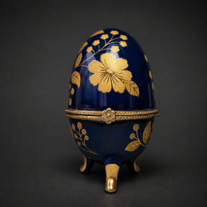 Alhajero forma de huevo en porcelana azul cobalto, ca. 1950.