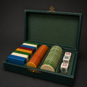 Juego de fichas y dados en estuche, ca. 1950.