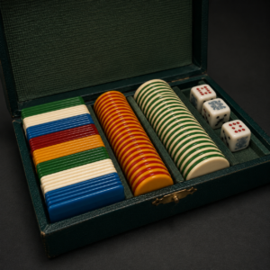 Juego de fichas y dados en estuche, ca. 1950.