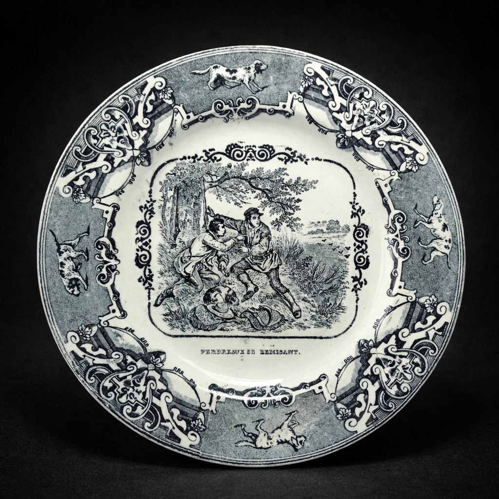 Plato "Boch Frères", escena de caza, ca. 1865. Plato "Boch Frères", escena de caza, ca. 1865.