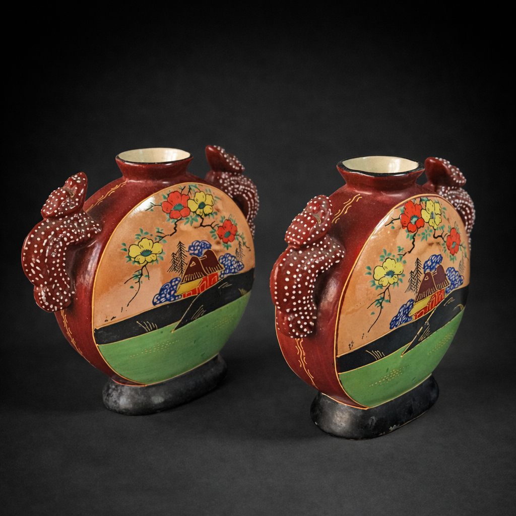 Par de floreros japoneses Satsuma con forma de petaca. Ca. 1950. Par de floreros japoneses Satsuma con forma de petaca. Ca. 1950.