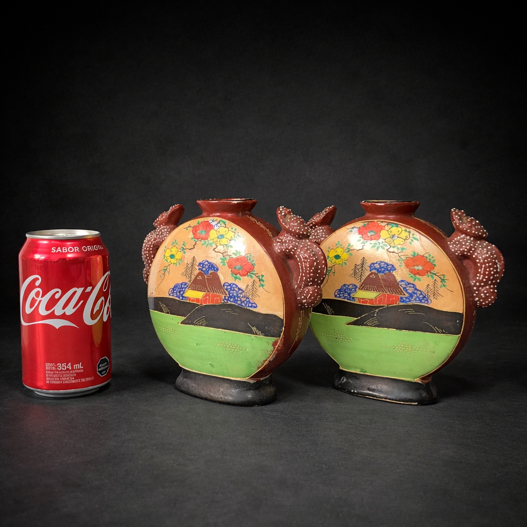 Par de floreros japoneses Satsuma con forma de petaca. Ca. 1950. Par de floreros japoneses Satsuma con forma de petaca. Ca. 1950.