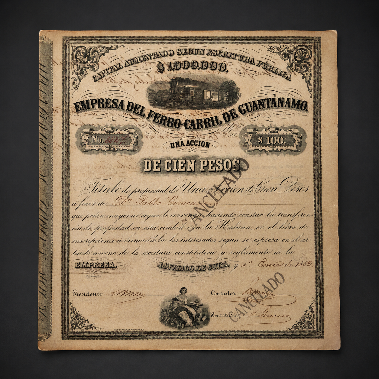 Acción del Ferrocarril de Guantánamo, ca. 1882. Acción del Ferrocarril de Guantánamo, ca. 1882.
