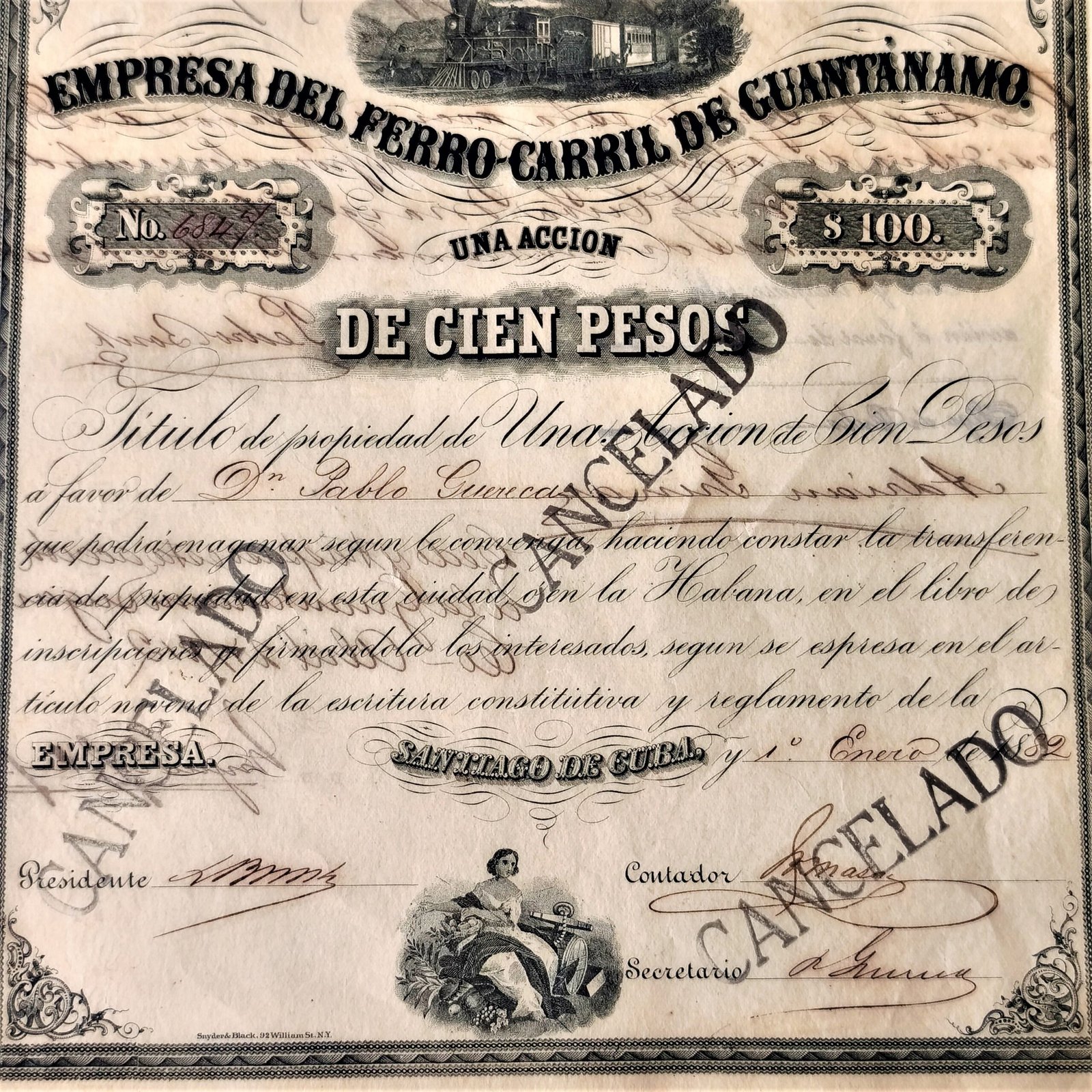 Acción del Ferrocarril de Guantánamo, ca. 1882. Acción del Ferrocarril de Guantánamo, ca. 1882.