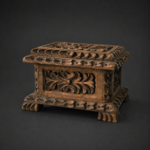 Cofre peruano tallado en madera estilo colonial, ca. 1950.