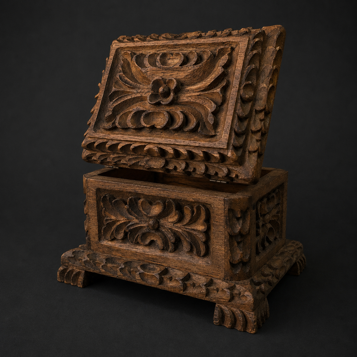 Cofre peruano tallado en madera estilo colonial, ca. 1950. Cofre peruano tallado en madera estilo colonial, ca. 1950.