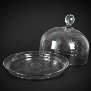 Quesera de cristal grabado con pomo facetado, ca. 1950.