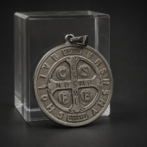 Medalla de San Benito en metal plateado, ca. 1950.
