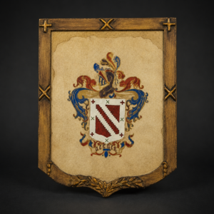 Escudo heráldico pintado sobre pergamino enmarcado, ca. 1950.