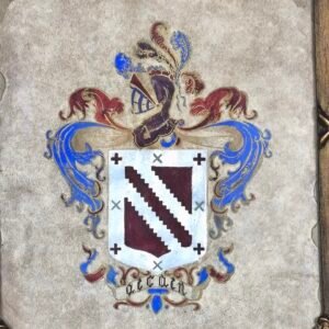 Escudo heráldico pintado sobre pergamino enmarcado, ca. 1950.