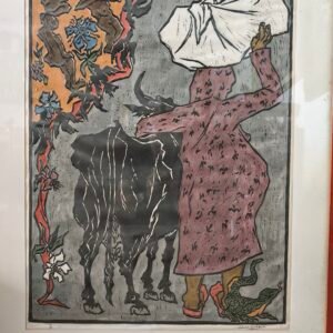 Impresionante xilografía original sobre tela de Claudio Silveira Silva, ca. 1964.