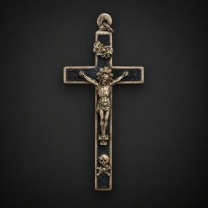 Crucifijo antiguo con calavera, memento mori religioso, ca. siglo XIX.