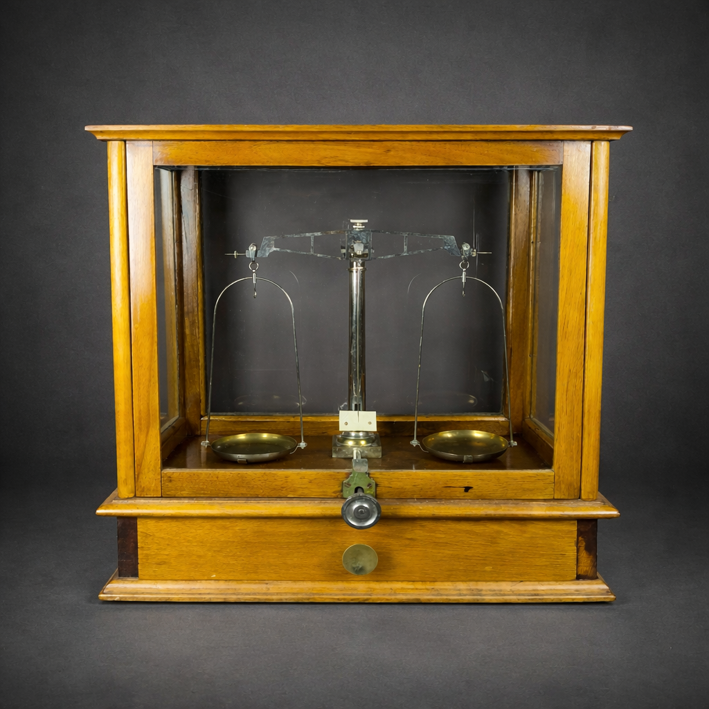 Balanza analítica de laboratorio, ca. 1900. Balanza analítica de laboratorio, ca. 1900.